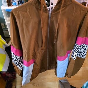 Brown Jacket with Pink and Blue Accents